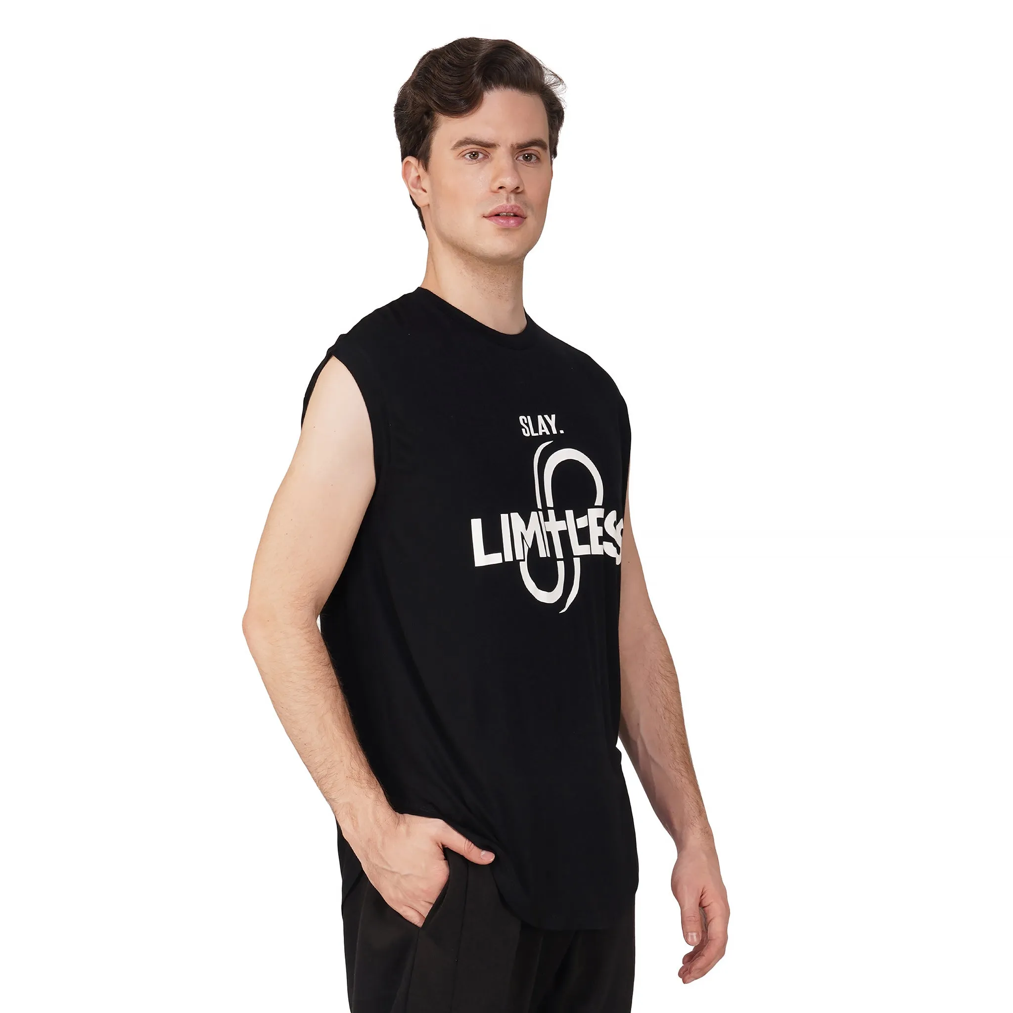 SLAY. Men's Limitless Printed Sleeveless Black Dropcut T-Shirt