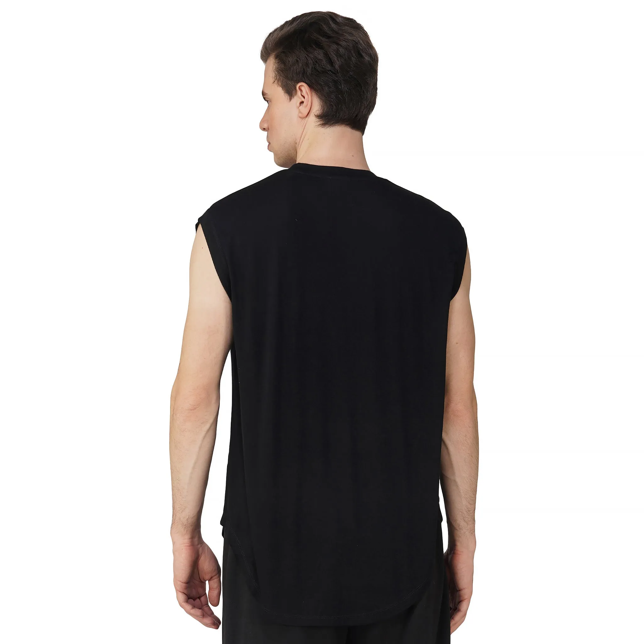 SLAY. Men's Limitless Printed Sleeveless Black Dropcut T-Shirt