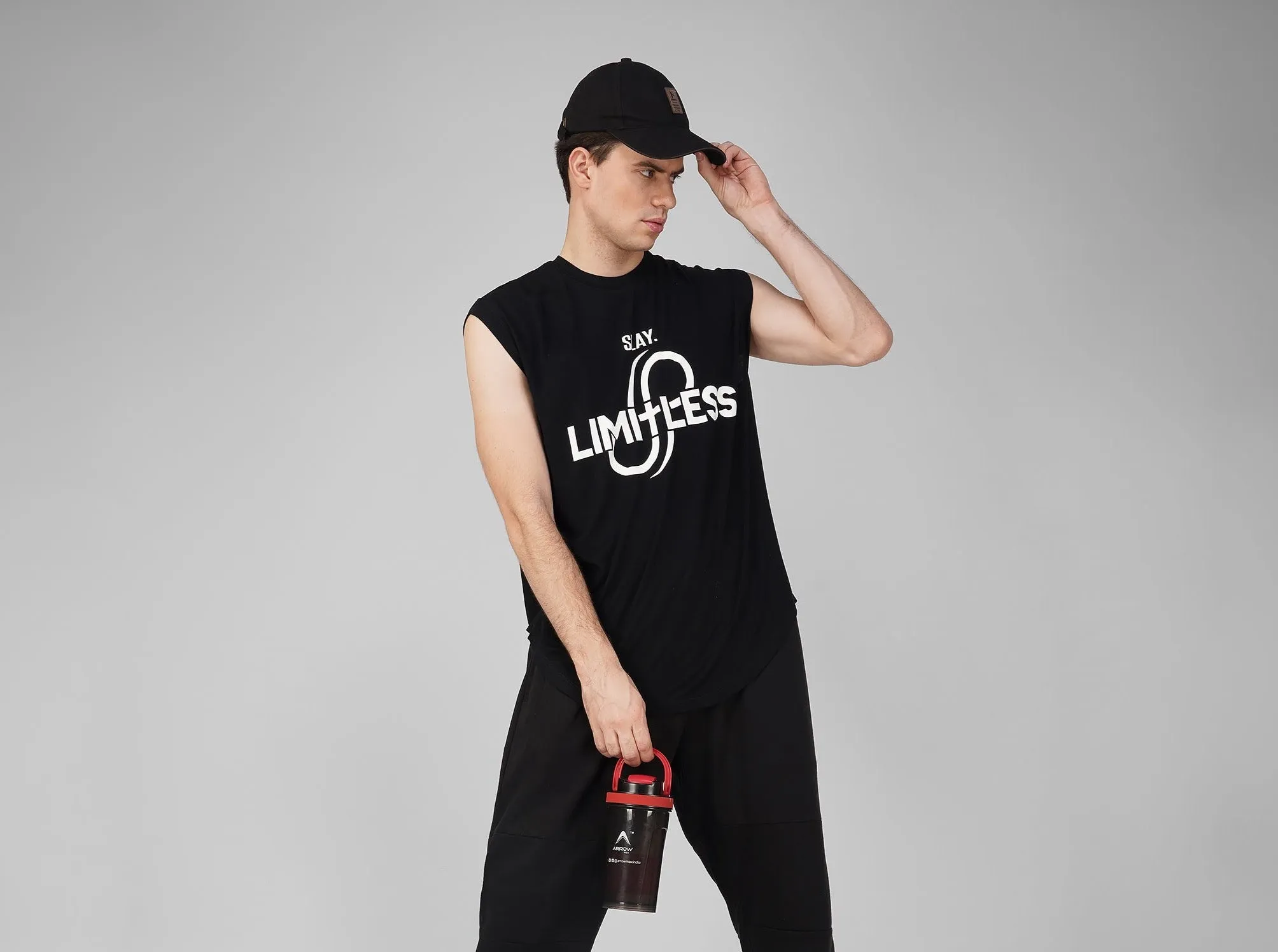 SLAY. Men's Limitless Printed Sleeveless Black Dropcut T-Shirt