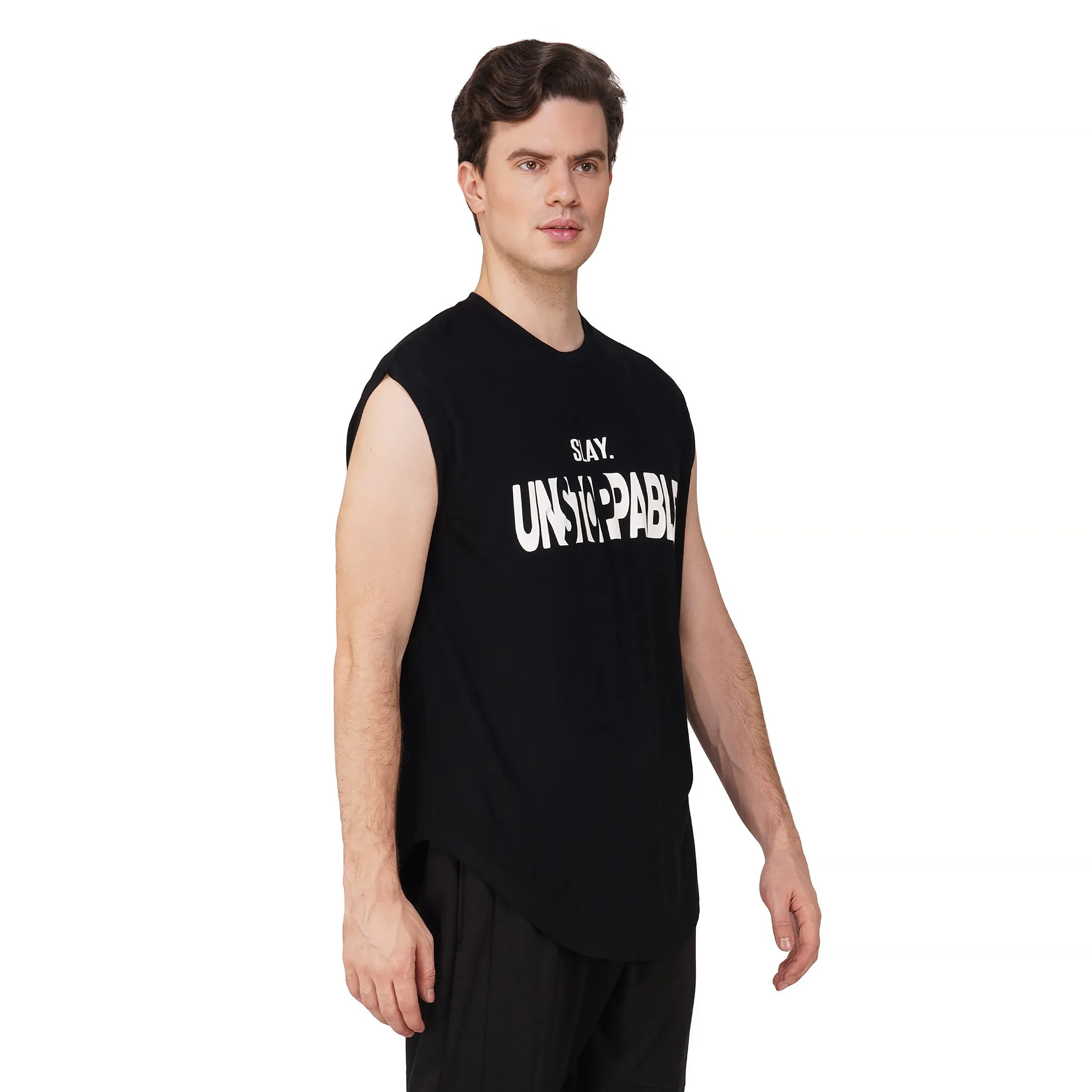 SLAY. Men's Unstoppable Printed Sleeveless Black Dropcut T-Shirt