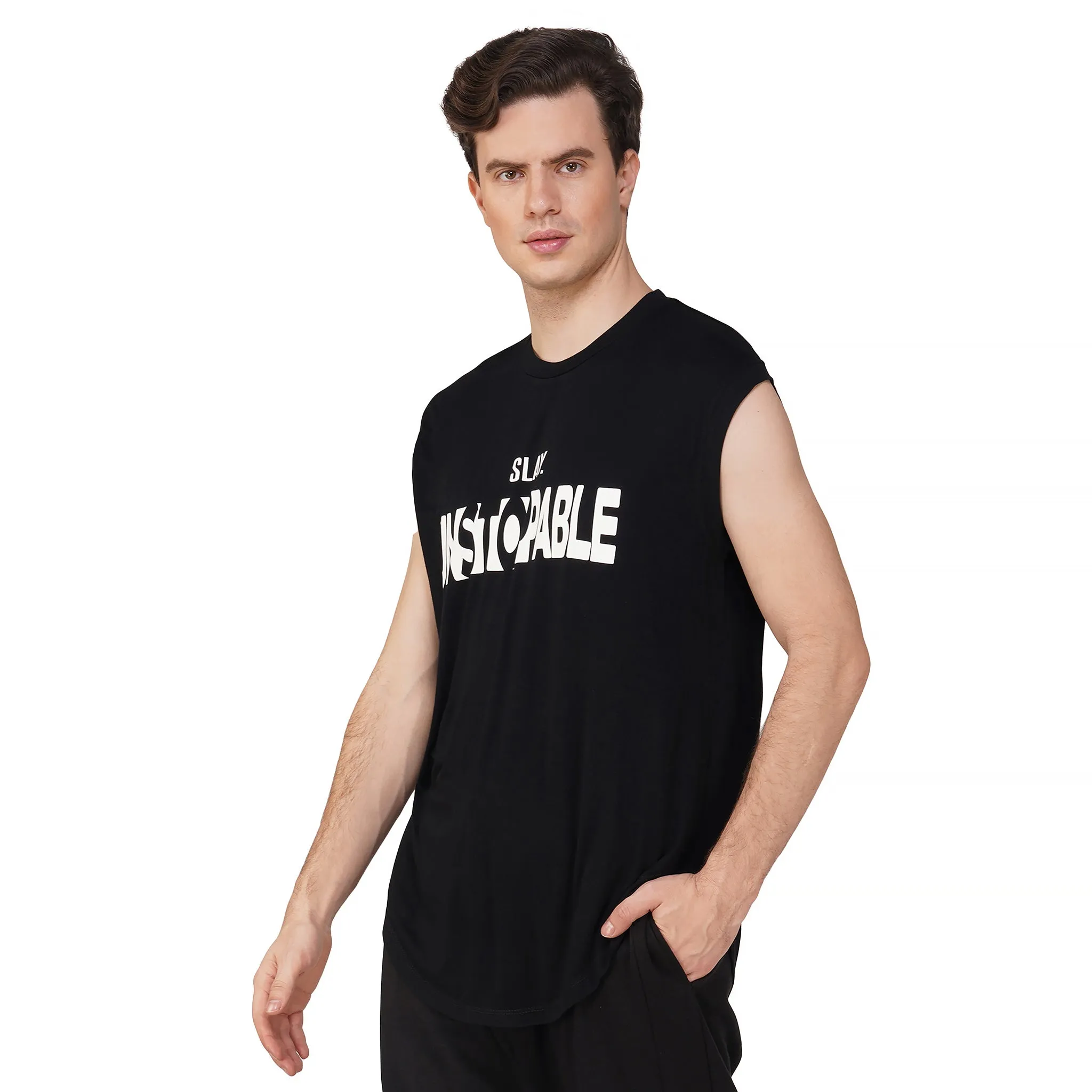 SLAY. Men's Unstoppable Printed Sleeveless Black Dropcut T-Shirt