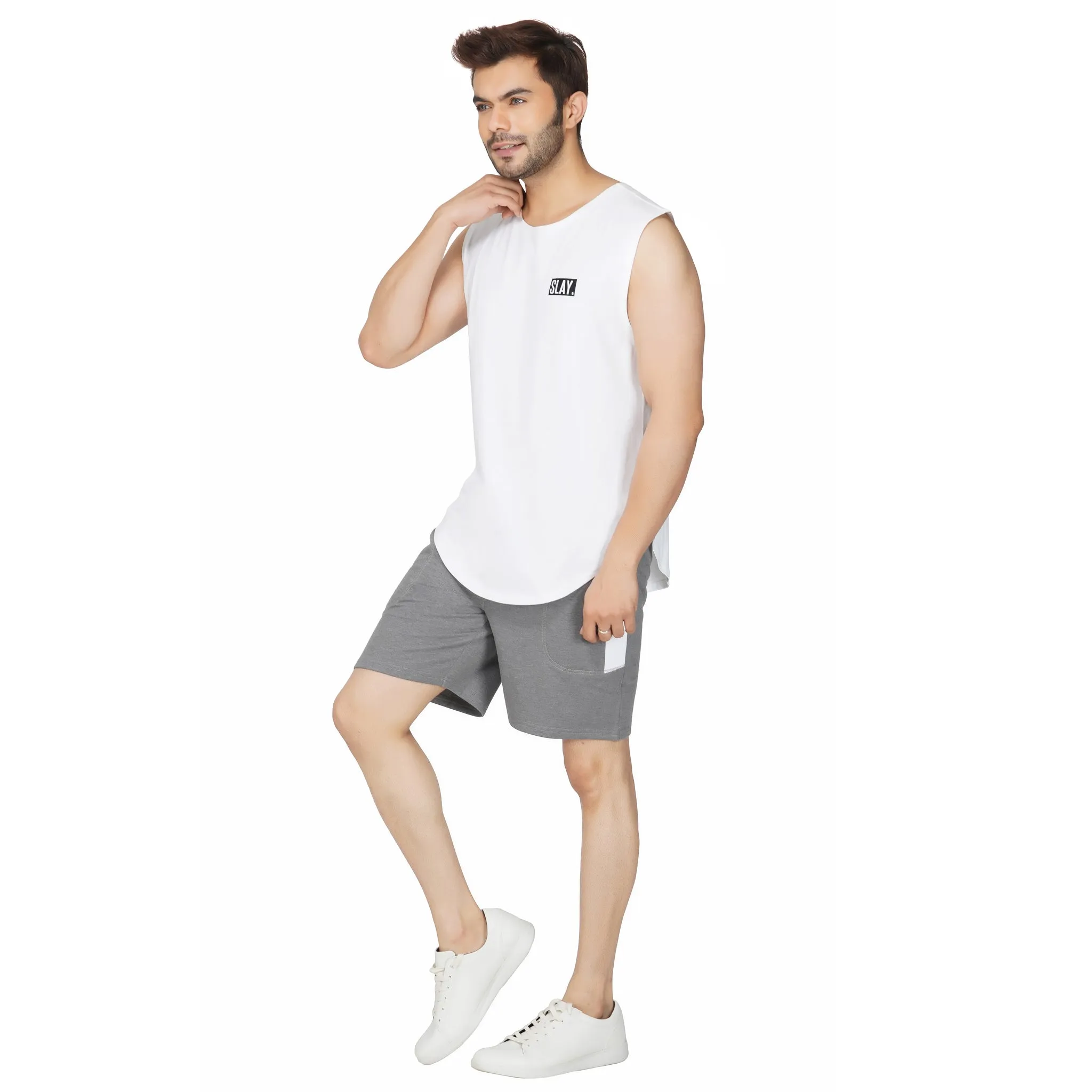 SLAY. Men's White Sleeveless Dropcut T-Shirt