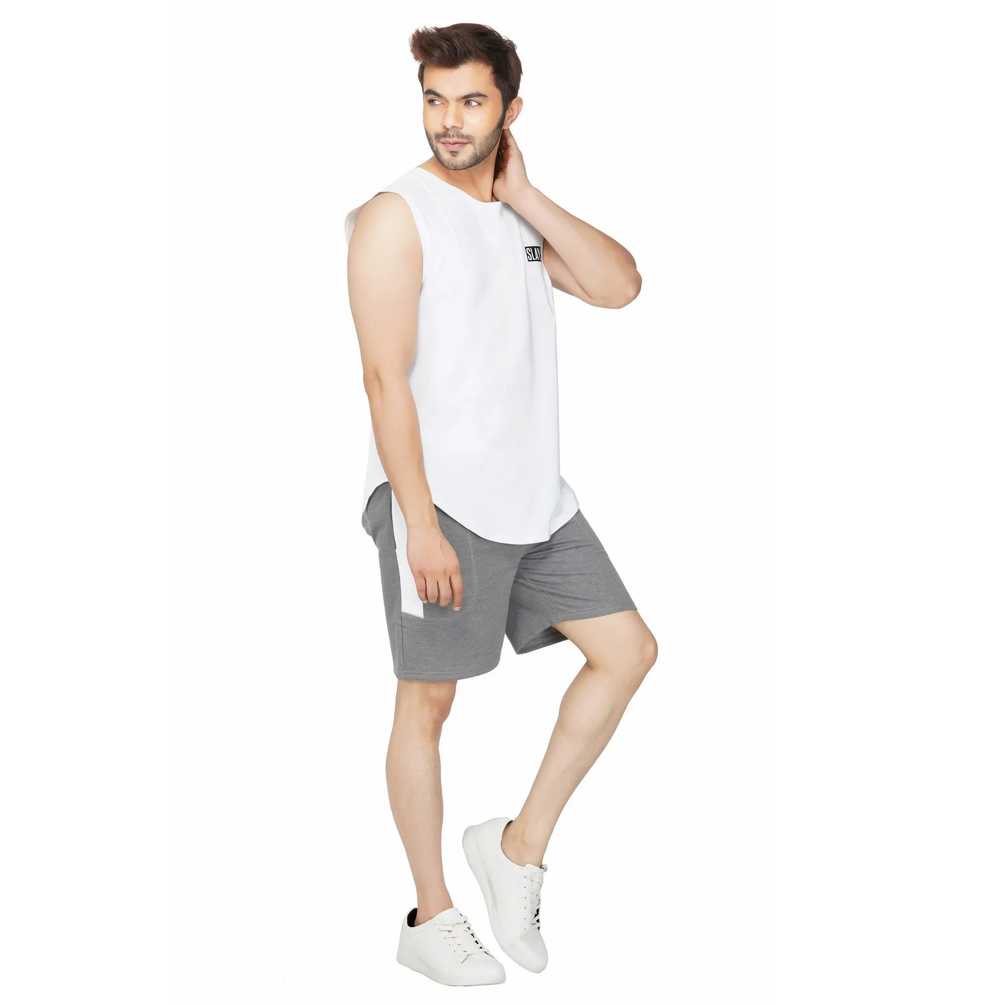 SLAY. Men's White Sleeveless Dropcut T-Shirt