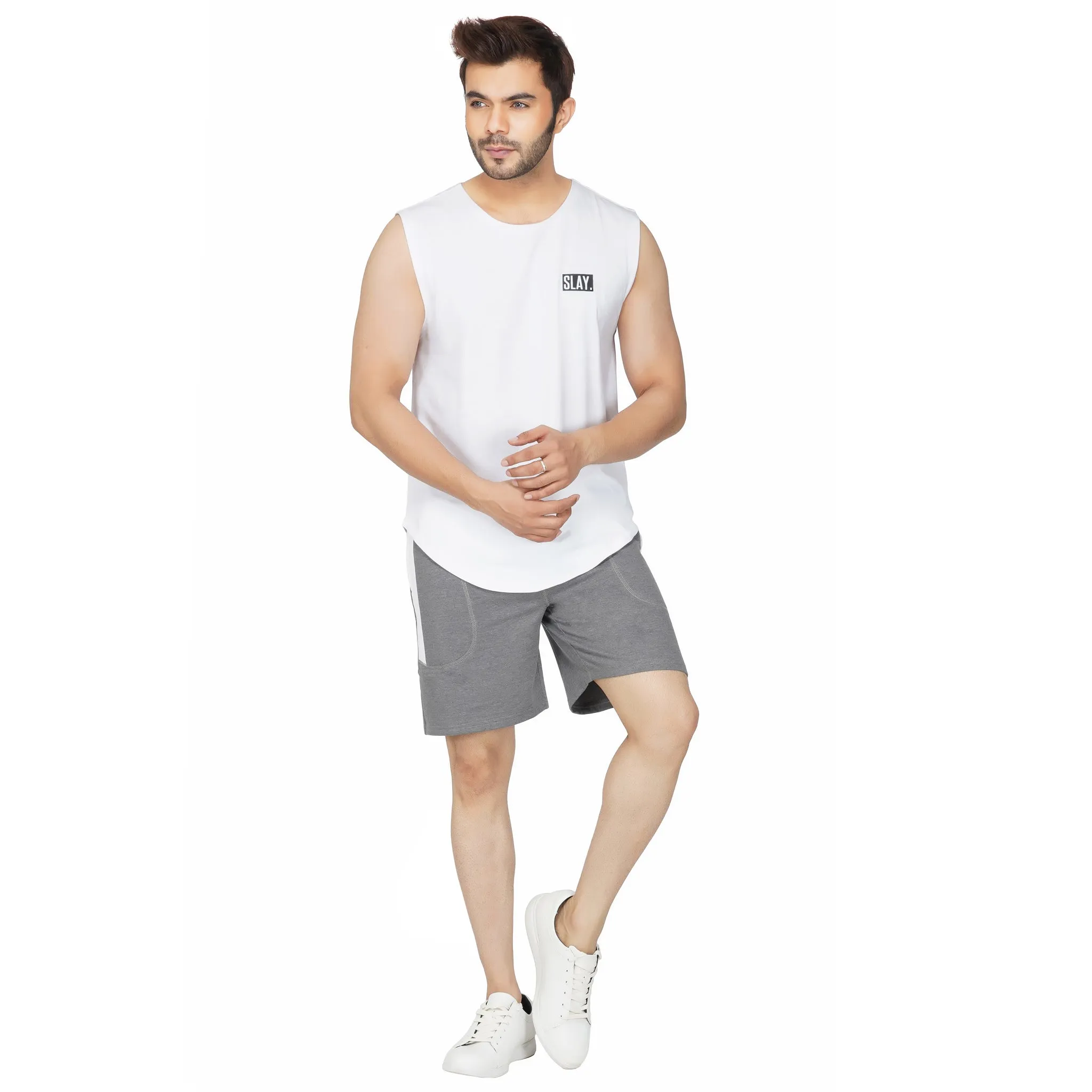 SLAY. Men's White Sleeveless Dropcut T-Shirt