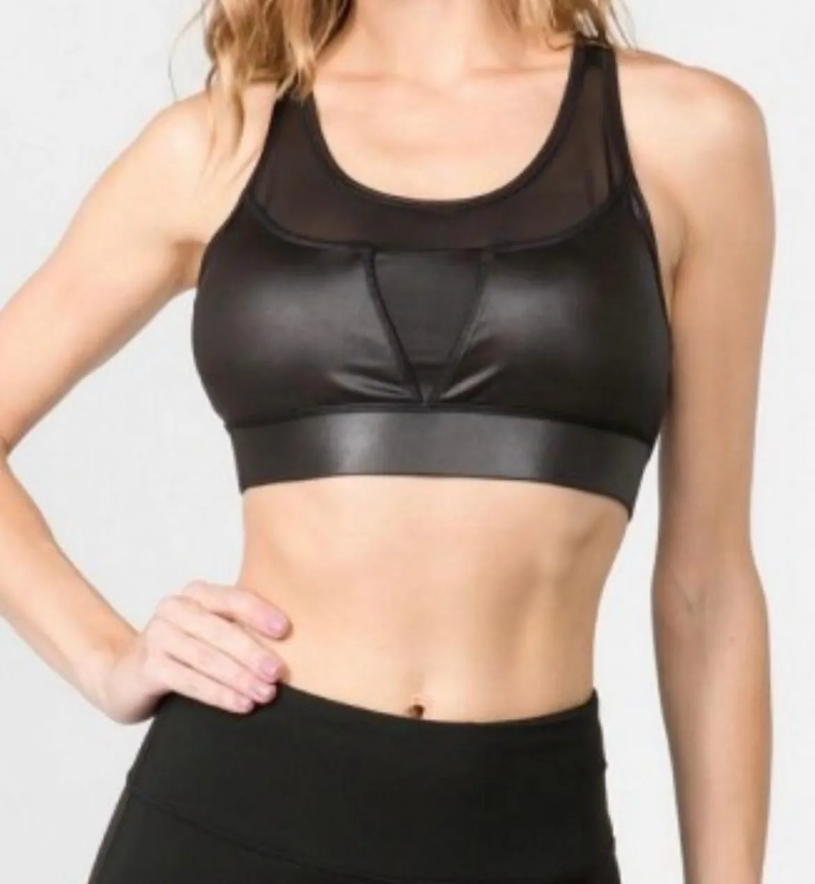 Sports Bra Featuring Stretchy Faux Leather With a Mesh Inset