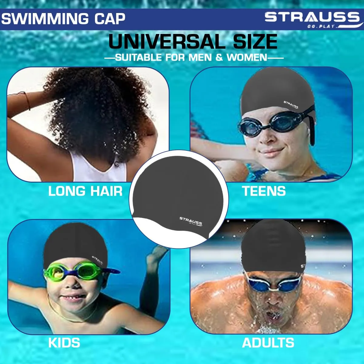 Strauss Latest Designed Swimming Cap|Keeps Hair Clean with Ear Protector|Suitable for Long and Short Hair|Swimming Head Cap with Breathable Fabric|Waterproof Swim Cap for Adult, Woman and Men,(Black)