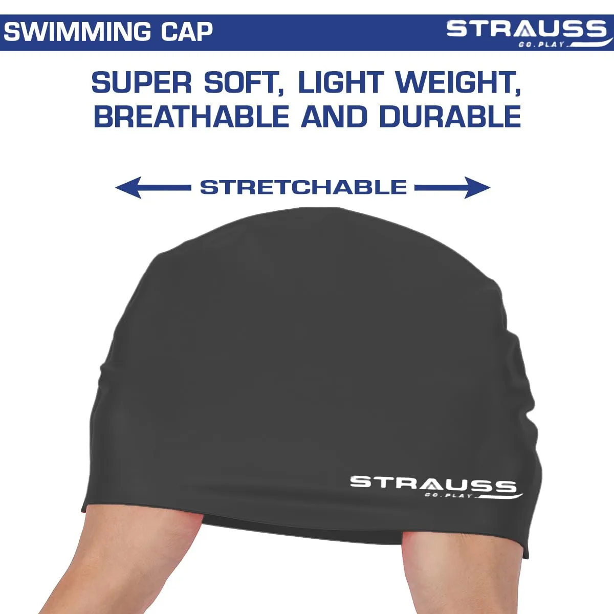 Strauss Latest Designed Swimming Cap|Keeps Hair Clean with Ear Protector|Suitable for Long and Short Hair|Swimming Head Cap with Breathable Fabric|Waterproof Swim Cap for Adult, Woman and Men,(Black)