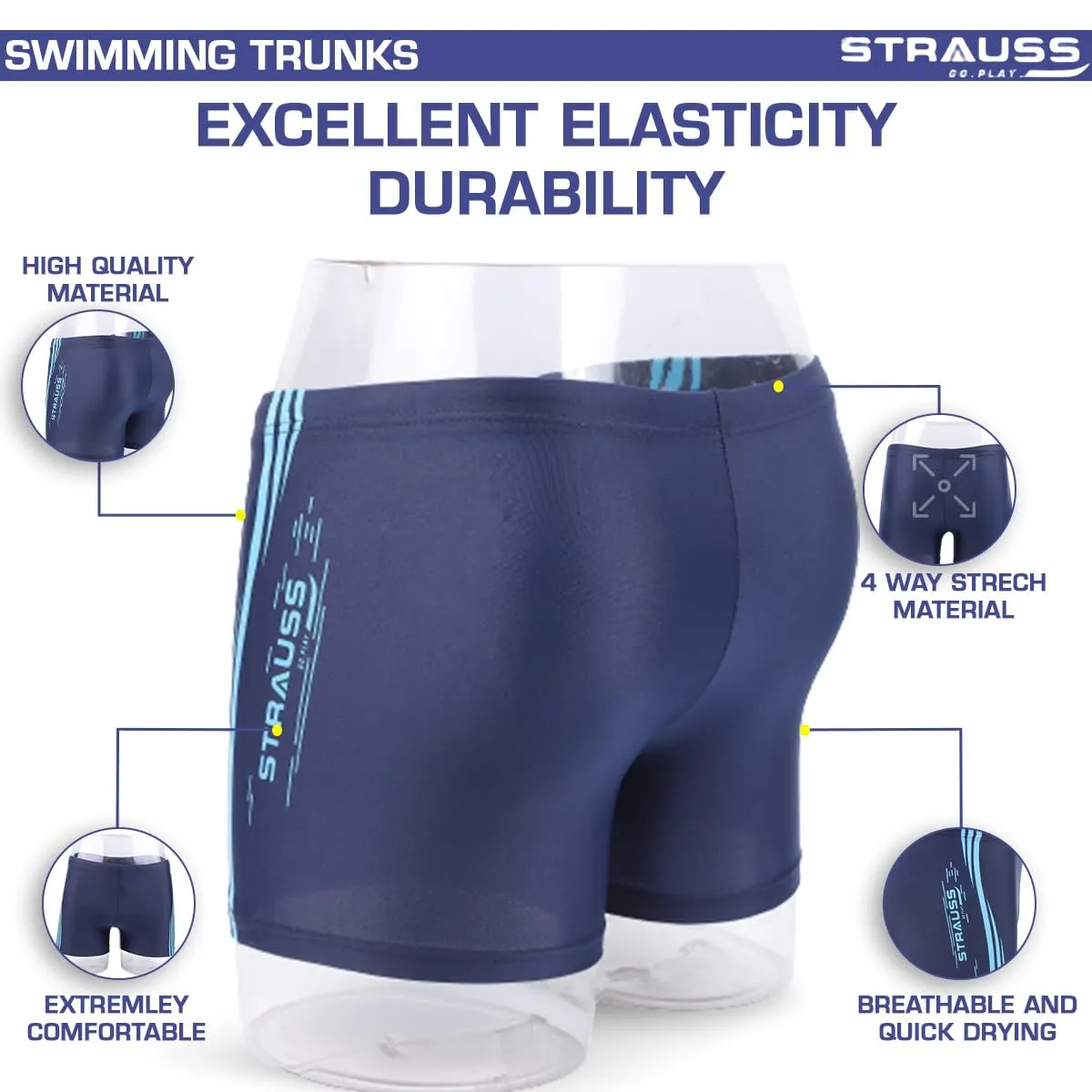 STRAUSS Swimming Shorts | Swimming Trunks for Men | Can Be Used for Gym, Running, Cycling, Swimming, Basketball, Cricket, Yoga, Football, Tennis, Badminton & More | Size: S, (Blue Lines)