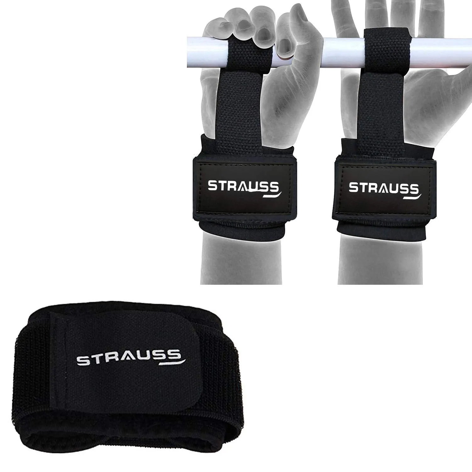 Strauss Wrist Support, Free Size (Black) and ST Cotton Gym Support, Pair (Black)