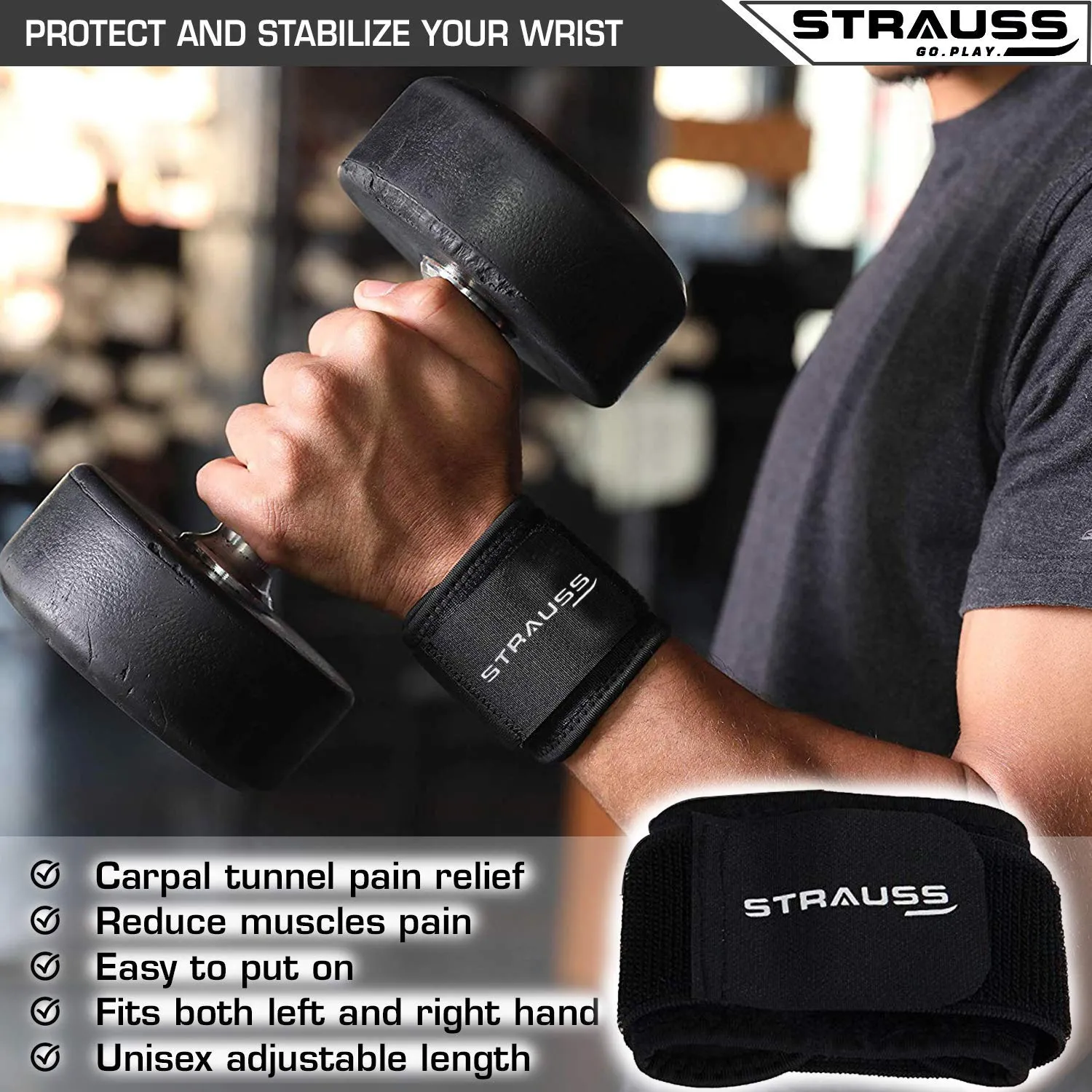 Strauss Wrist Support, Free Size (Black) and ST Cotton Gym Support, Pair (Black)