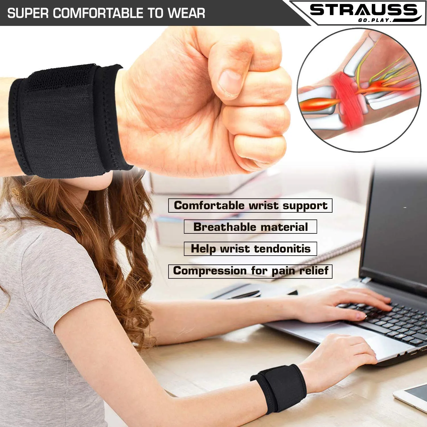 STRAUSS Wrist Support, Single (Free Size, Black), (Pack of 2)