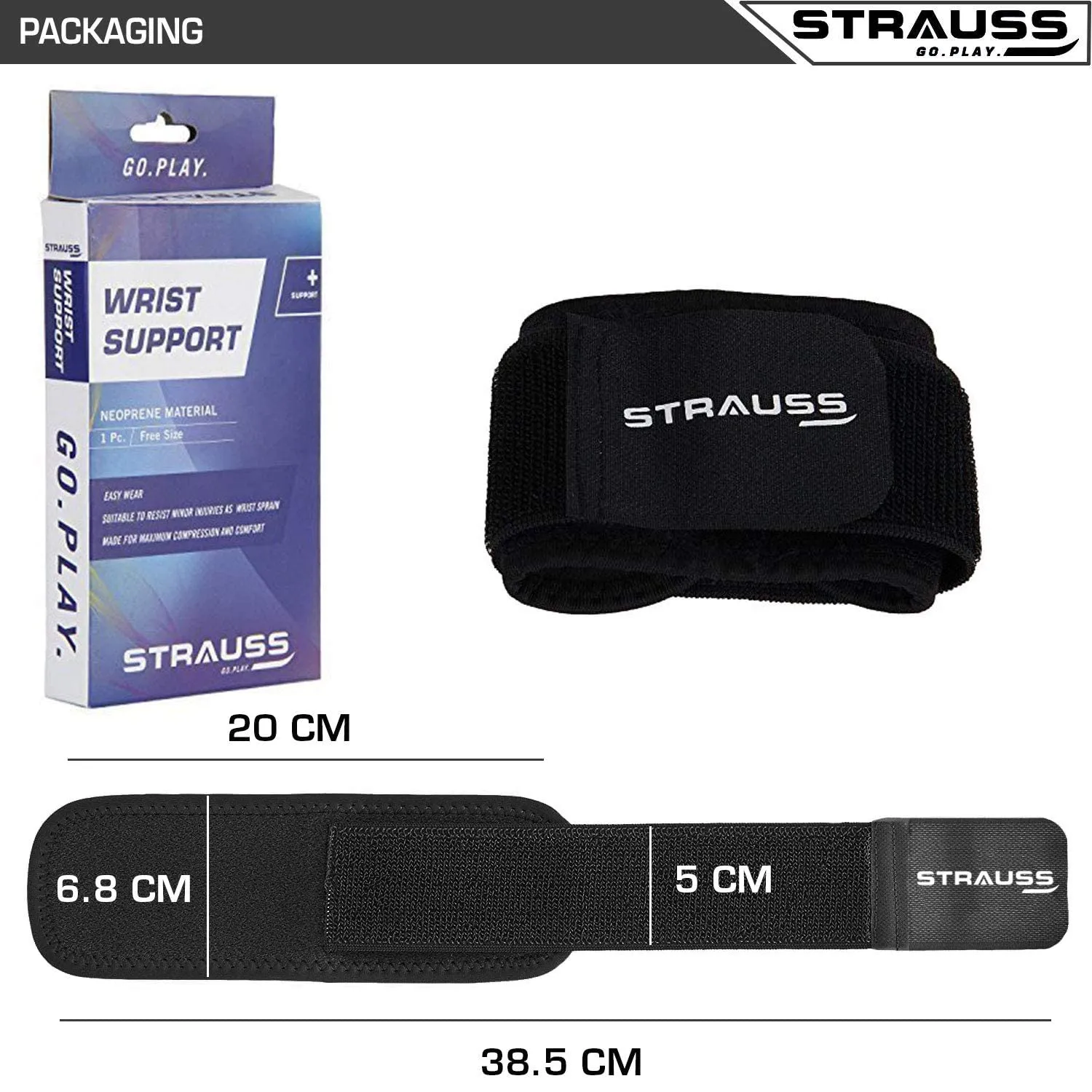 STRAUSS Wrist Support, Single (Free Size, Black), (Pack of 2)