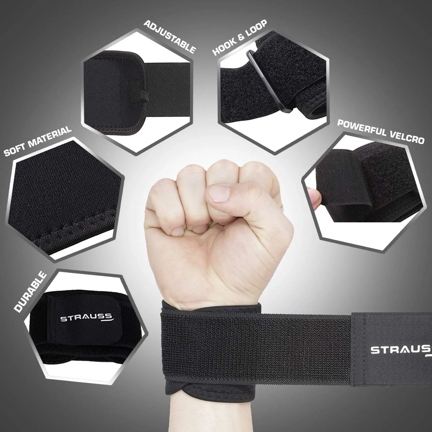 STRAUSS Wrist Support, Single (Free Size, Black), (Pack of 2)