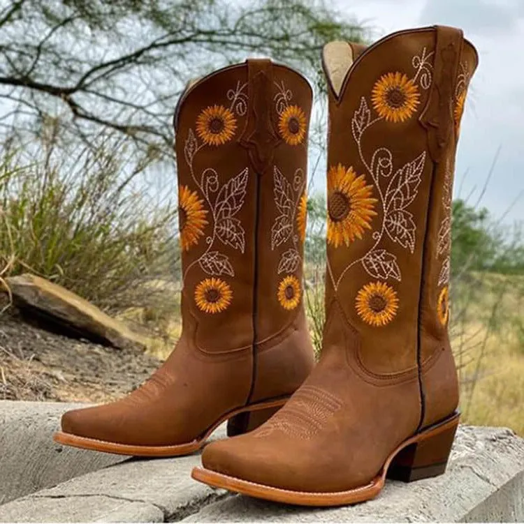 Sunflowers Embroidery Cowgirl Cowboy Boots