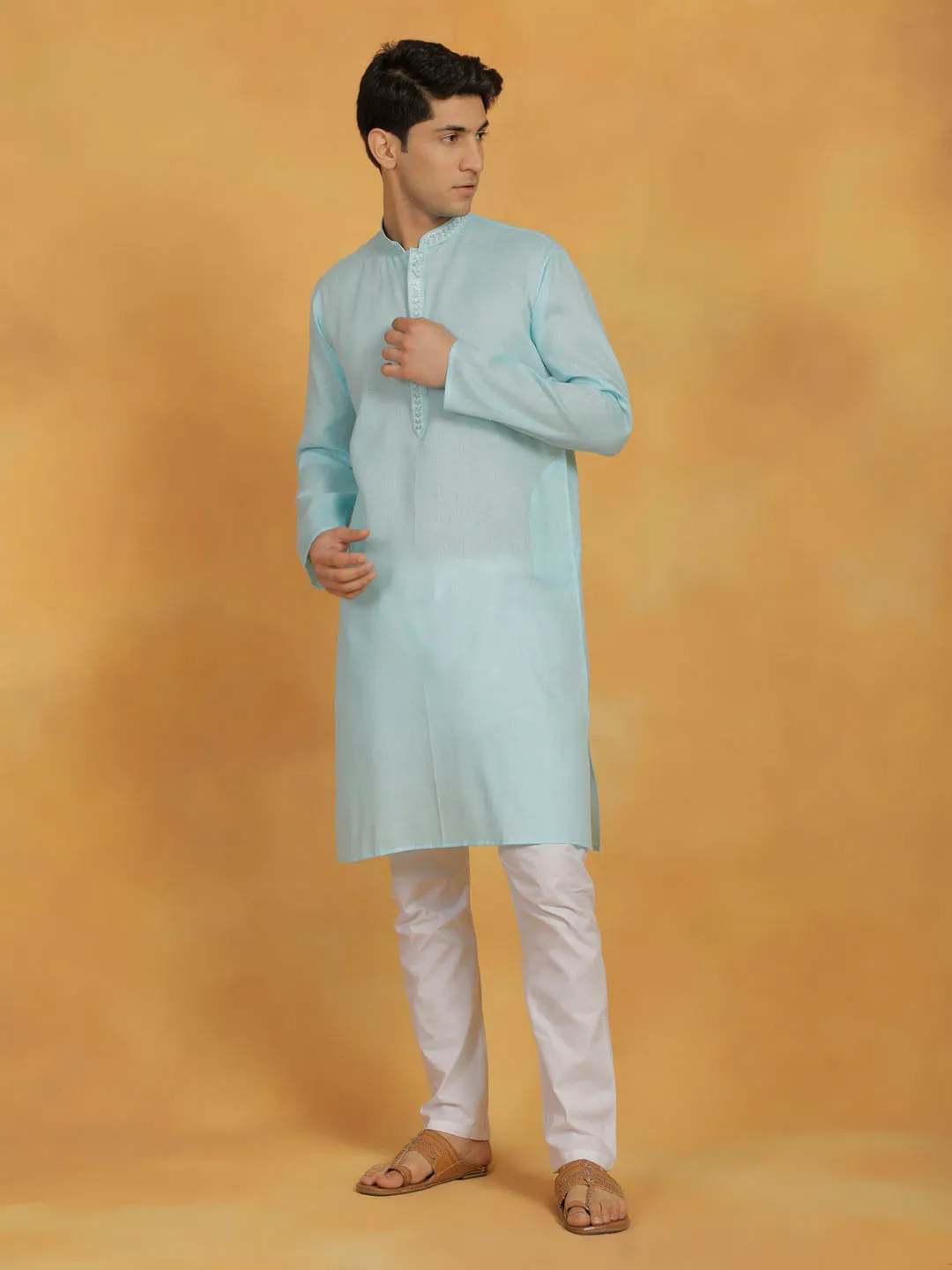 VASTRAMAY Aqua & White Cotton Kurta Pyjama