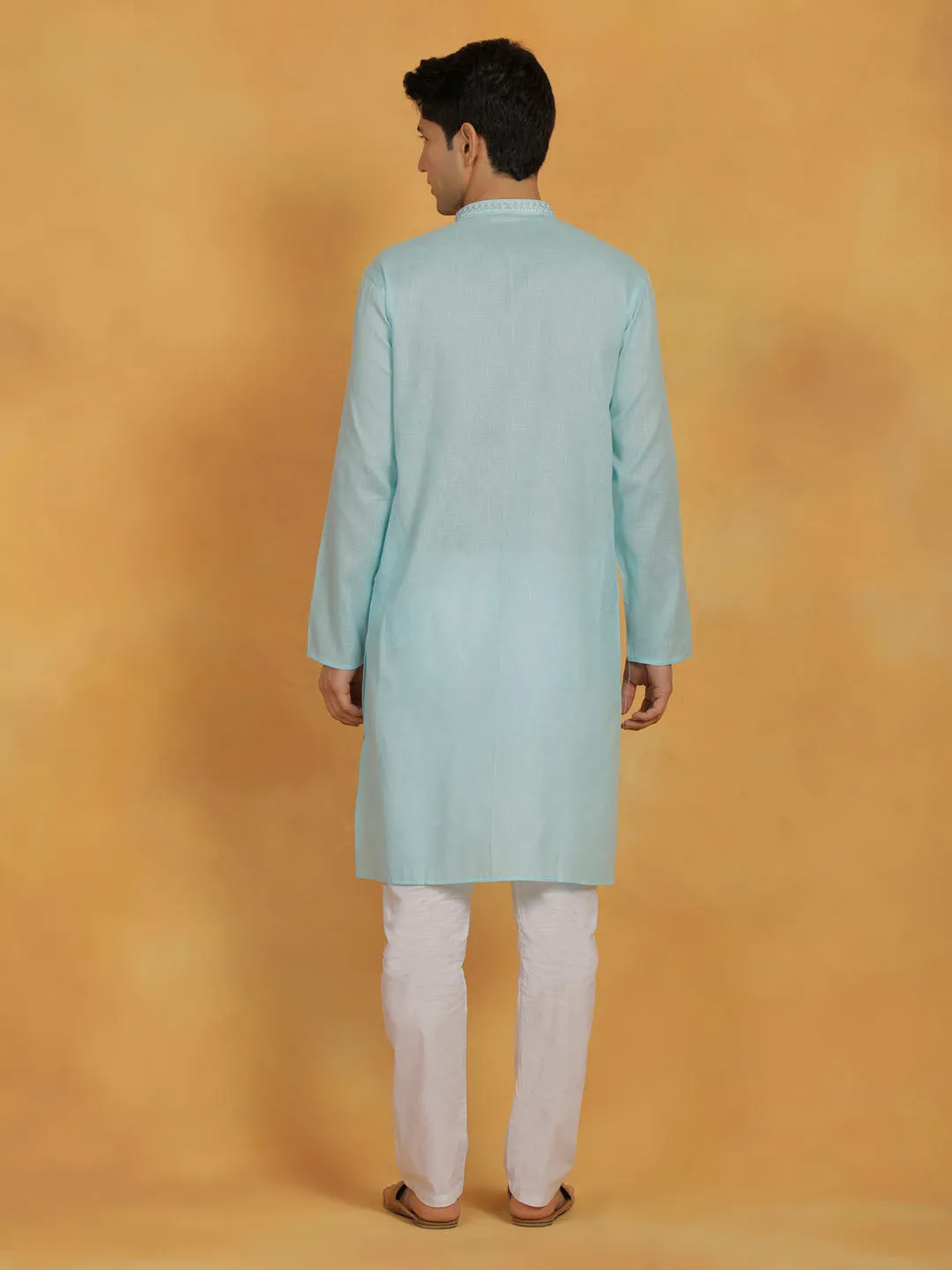 VASTRAMAY Aqua & White Cotton Kurta Pyjama