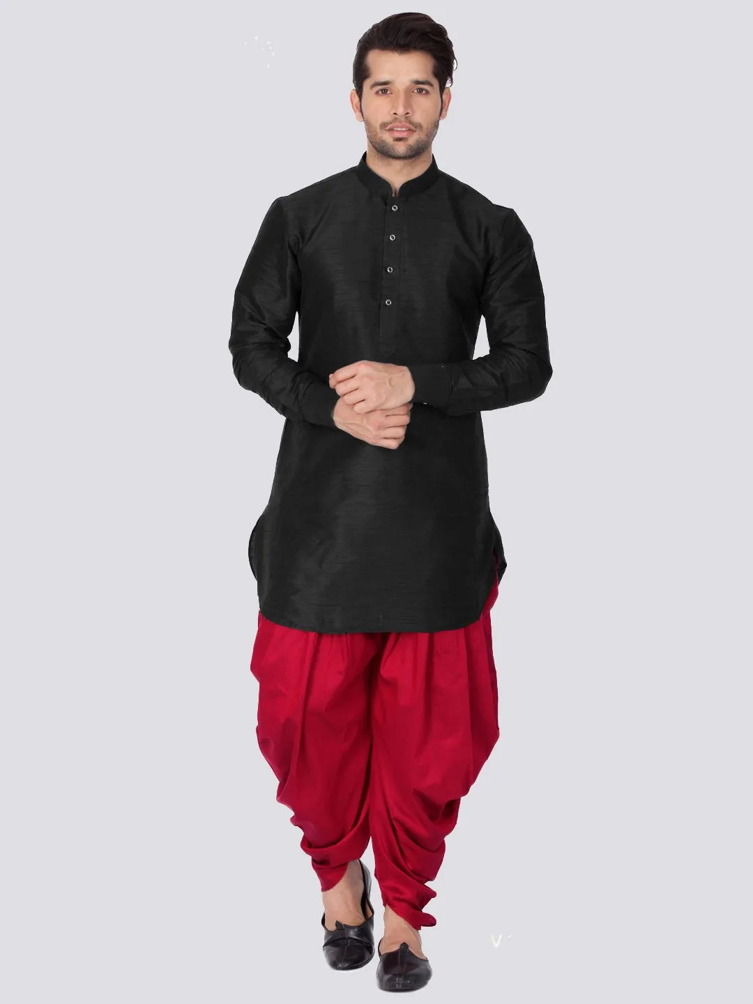 VASTRAMAY Men's Black Silk Blend Kurta Dhoti