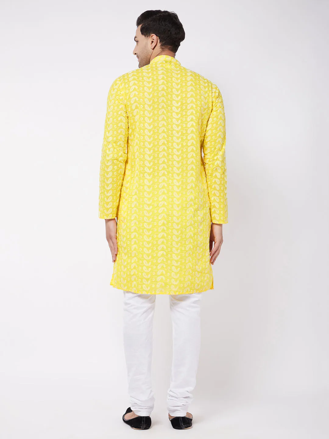 Vastramay Men's Mustard Chikankari Kurta Pyjama