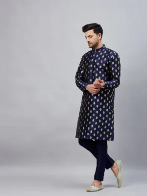 VASTRAMAY Men's Navy Blue Silk Blend Kurta