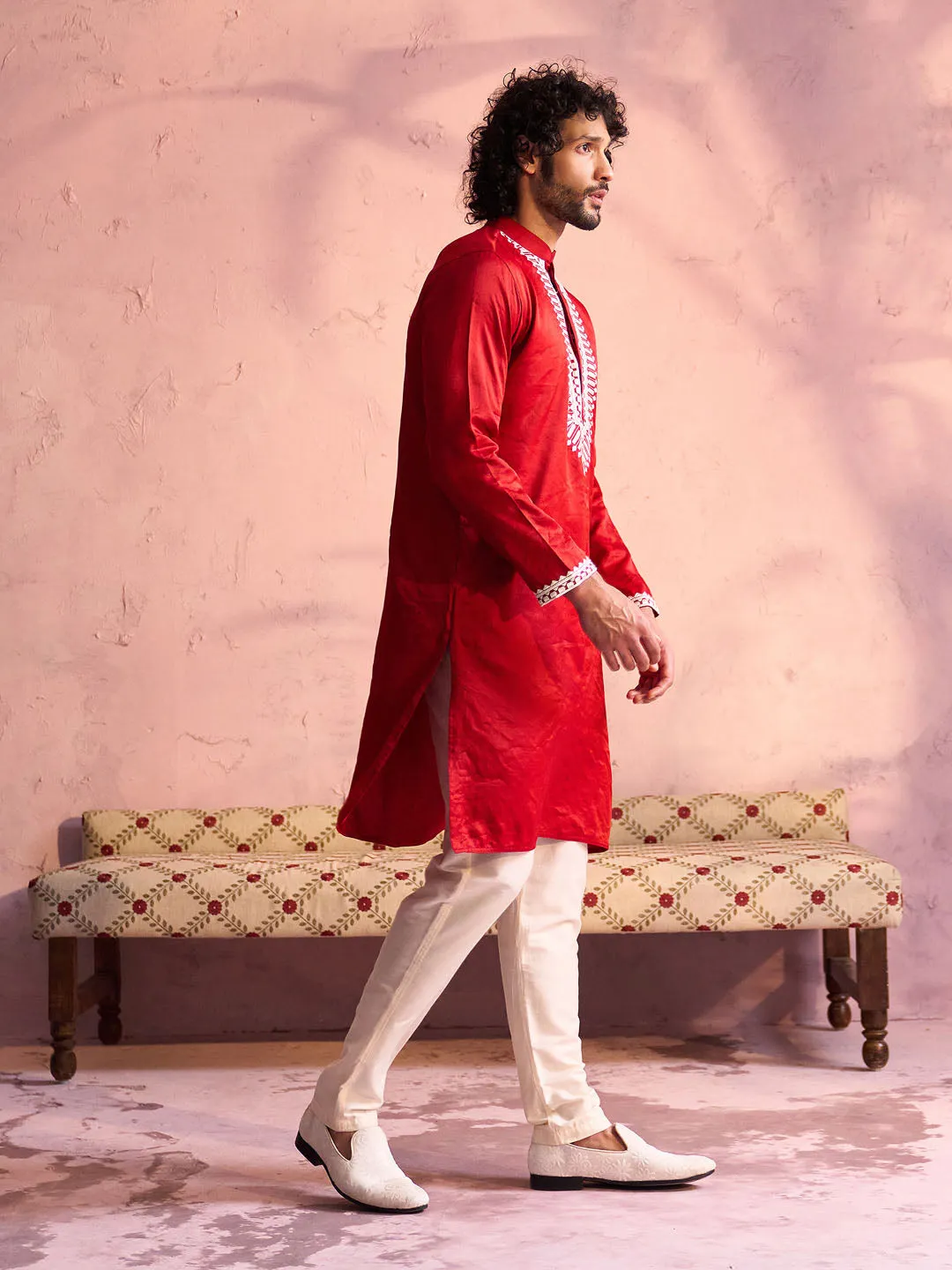 Vastramay Red Silk Embroidered Kurta Pyjama