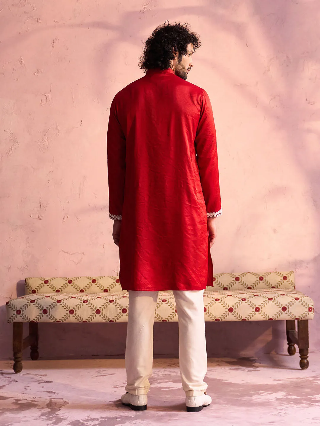 Vastramay Red Silk Embroidered Kurta Pyjama