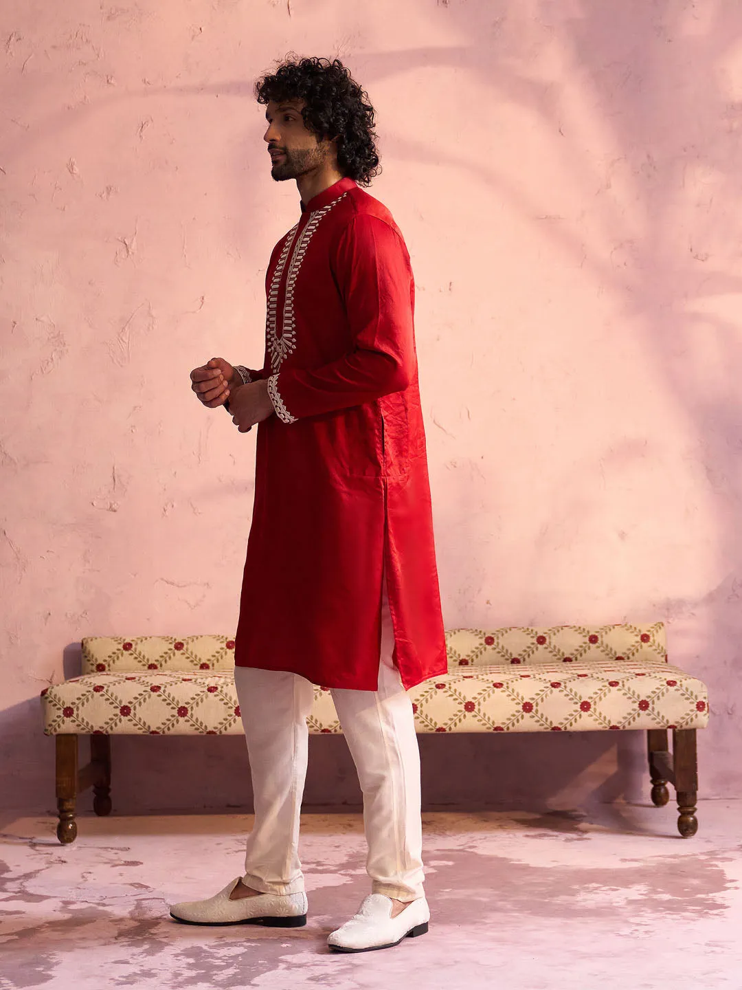 Vastramay Red Silk Embroidered Kurta Pyjama