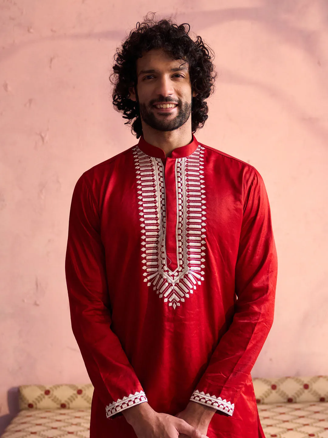 Vastramay Red Silk Embroidered Kurta Pyjama