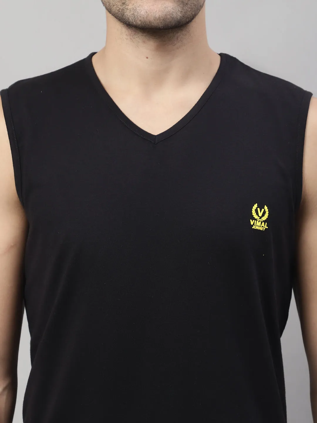 Vimal Jonney Regular Fit Cotton Solid Black Gym Vest for Men