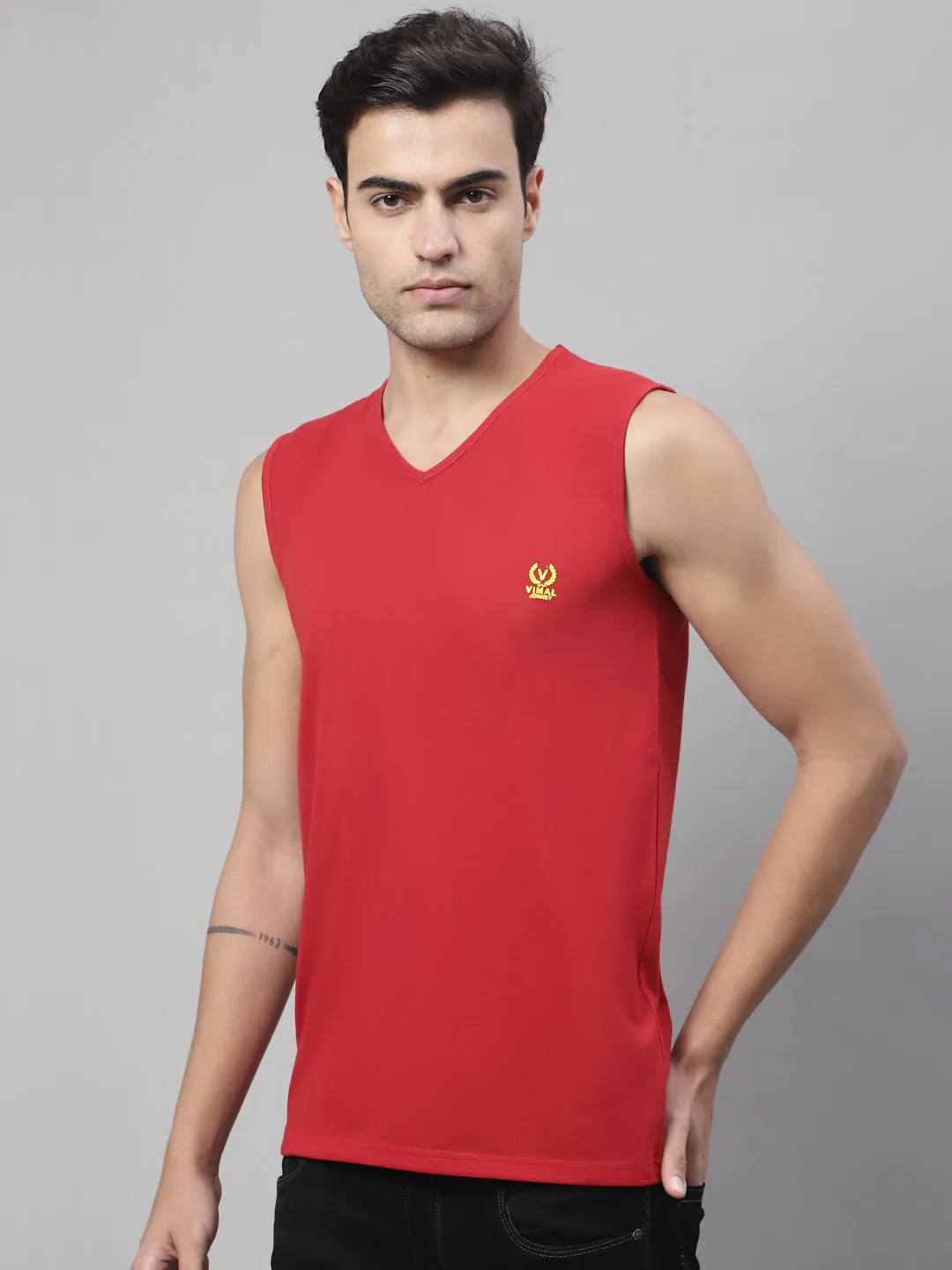 Vimal Jonney Regular Fit Cotton Solid Red Gym Vest for Men