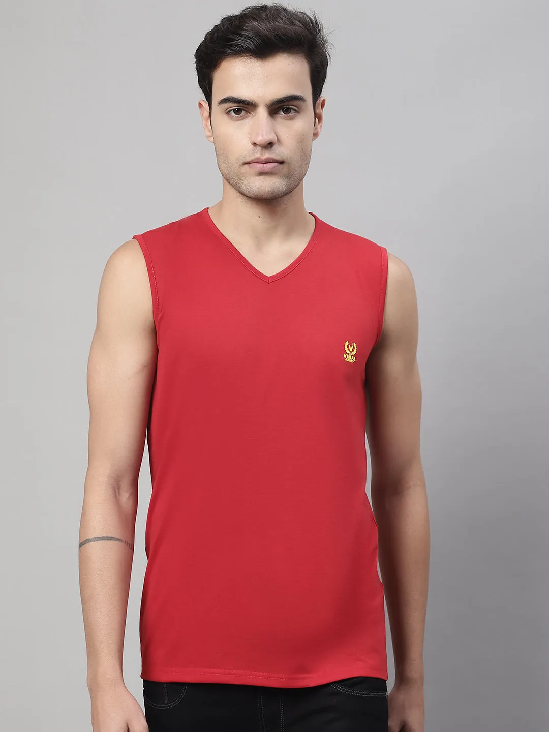 Vimal Jonney Regular Fit Cotton Solid Red Gym Vest for Men