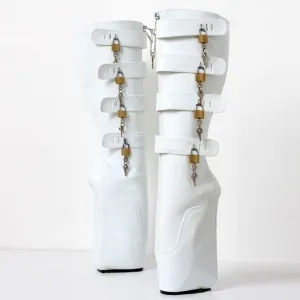 White Frontless Unisex Bondage Knee Length Ballet Platform Boots