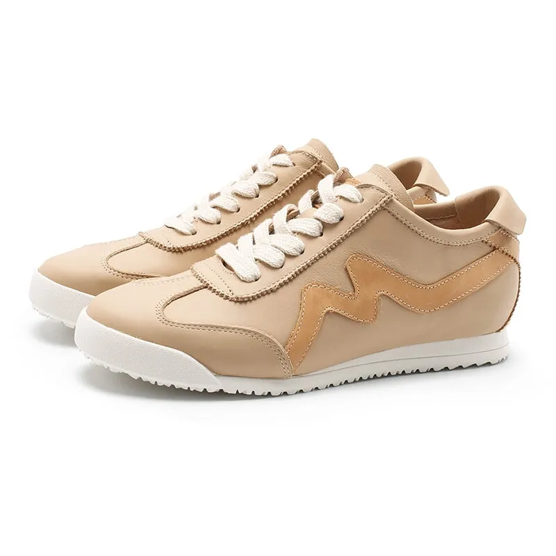 White Shoes for Women Army Trainer Leather Sneakers with M decoration - Beige/Pink/Apricot