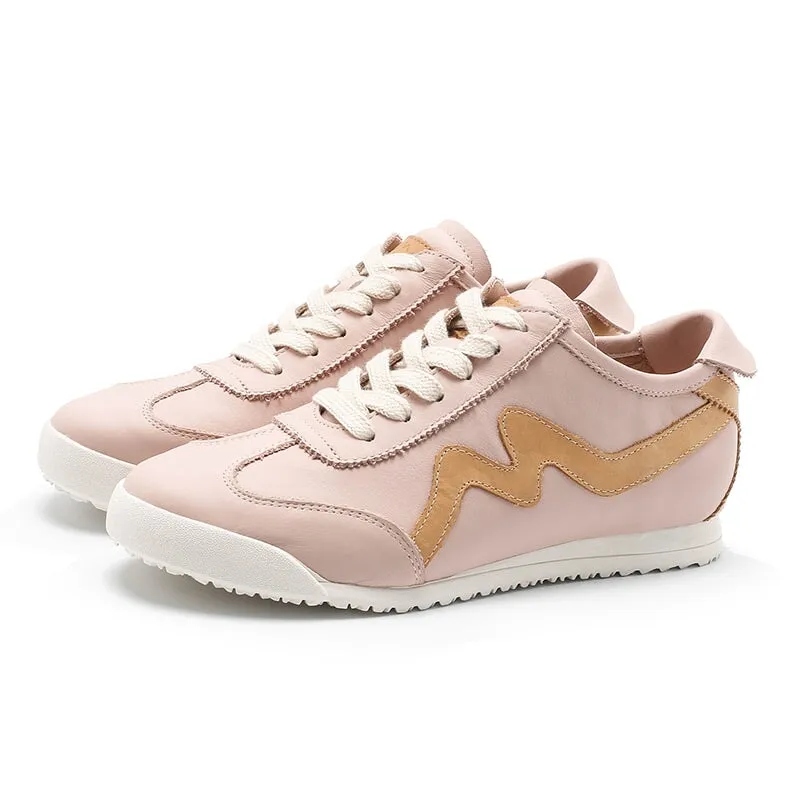 White Shoes for Women Army Trainer Leather Sneakers with M decoration - Beige/Pink/Apricot