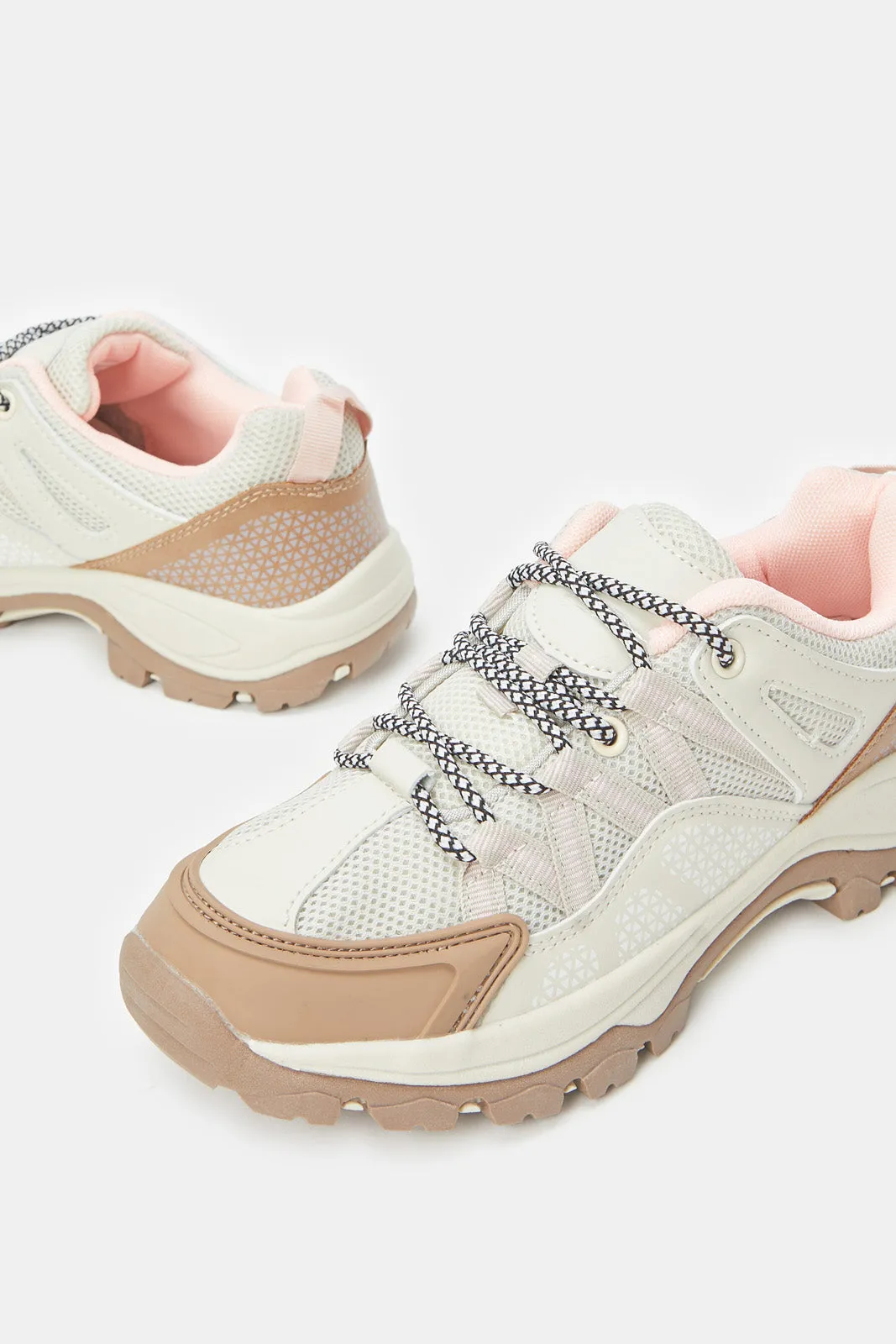 Women Beige Lace Up Hiking Sneakers