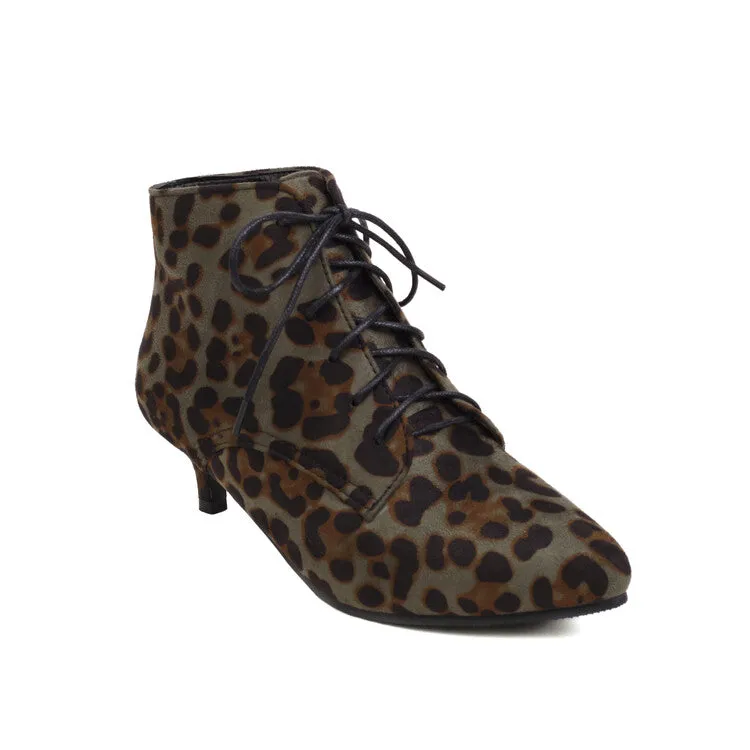 Women's Booties Leopard Print Flock Lace Up Kitten Heel Ankle Boots