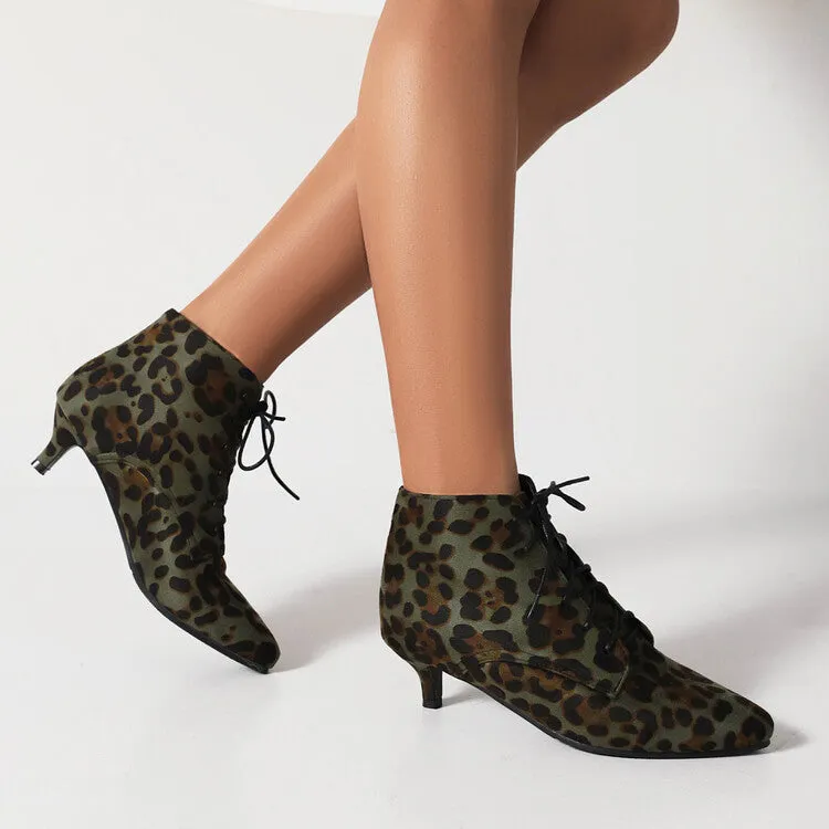 Women's Booties Leopard Print Flock Lace Up Kitten Heel Ankle Boots