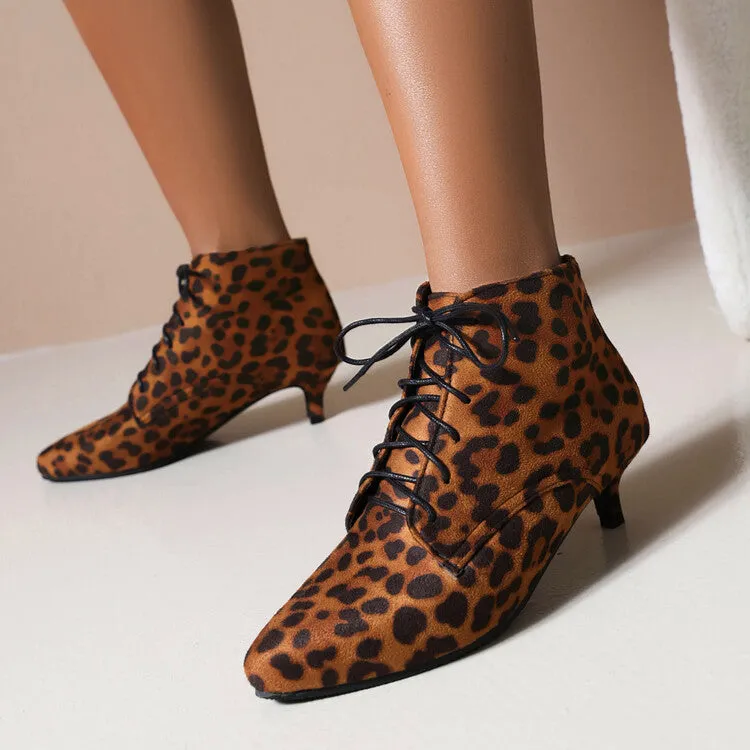 Women's Booties Leopard Print Flock Lace Up Kitten Heel Ankle Boots