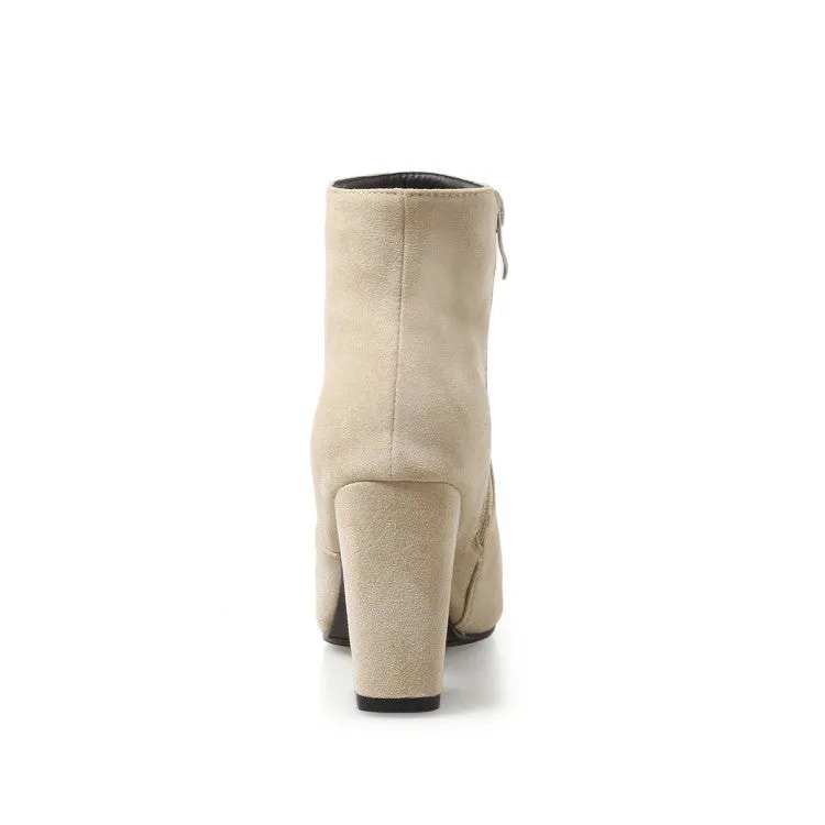 Women's Suede Round Toe Stitching Block Heel Side Zippers Short Boots