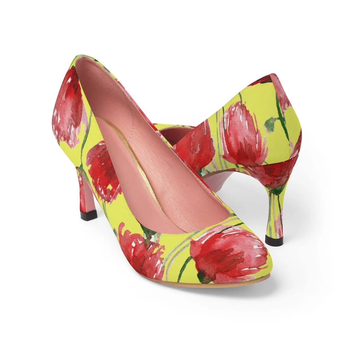 Yellow Cheerful Red Poppy Flower Floral Print Women's 3" High Heels (US Size 5-11)