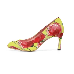 Yellow Cheerful Red Poppy Flower Floral Print Women's 3" High Heels (US Size 5-11)