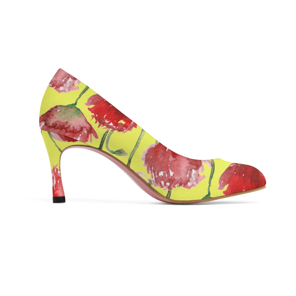 Yellow Cheerful Red Poppy Flower Floral Print Women's 3" High Heels (US Size 5-11)