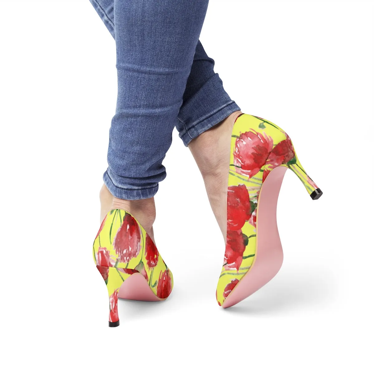 Yellow Cheerful Red Poppy Flower Floral Print Women's 3" High Heels (US Size 5-11)